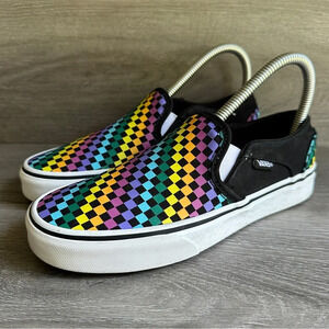 Vans Asher Rainbow Mini Check Black Womans Slip On Sneakers Size 6